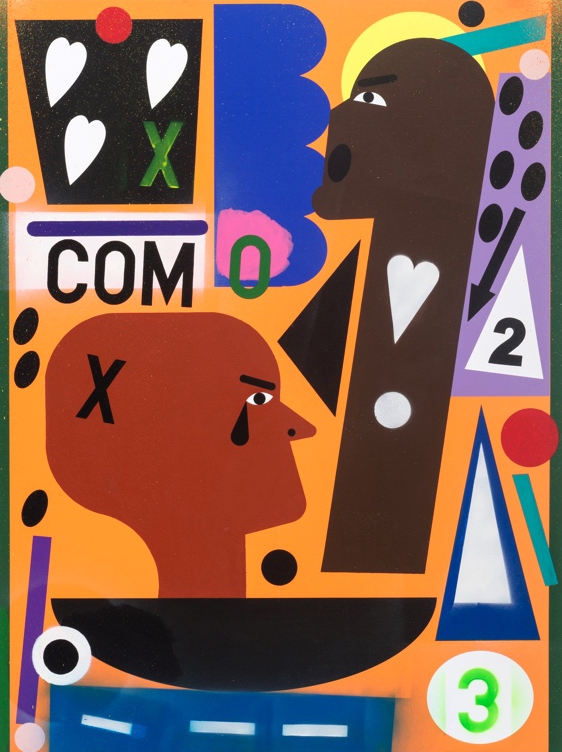 Nina Chanel Abney, Incite (COM), 2015. Unique ultrachrome pigmented print, acrylic, and spray paint on canvas; 48 x 36 inches (121.92 x 91.44 cm). Collection of Isis Heslin and Jacqueline T. Martin. Image courtesy of Kravets | Wehby Gallery, New York, New York. © Nina Chanel Abney.