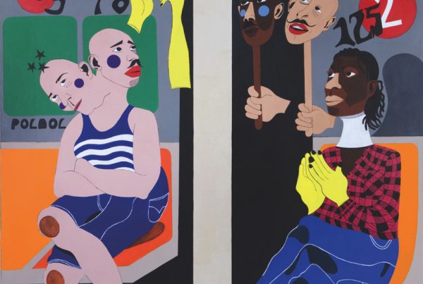 Nina Chanel Abney, Ivy and the Janitor in January, 2009. Acrylic on canvas, 54 × 60 inches (137.2 × 152.4 cm) overall. Collection of Noel Kirnon and Michael Paley. Image courtesy of Kravets | Wehby Gallery, New York, New York. © Nina Chanel Abney.