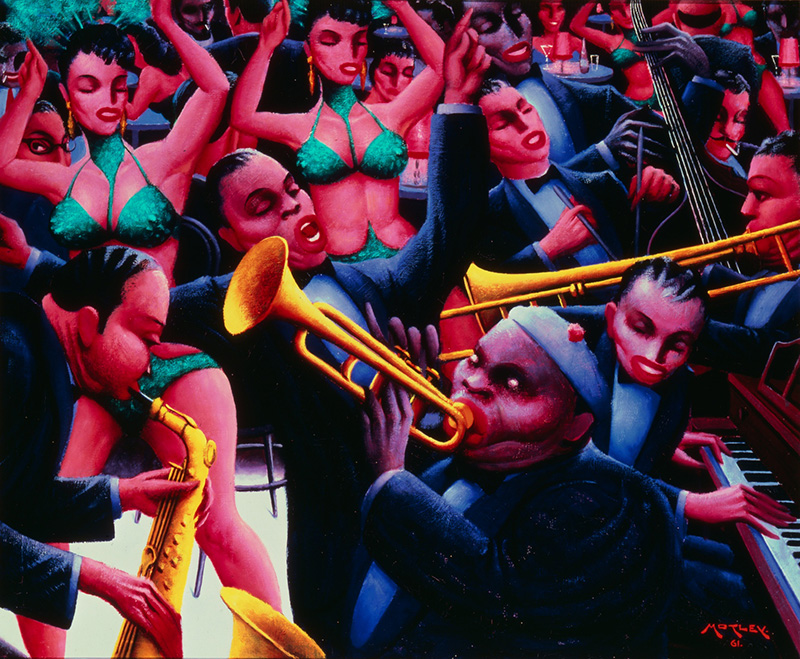 Archibald J. Motley Jr., <em>Hot Rhythm</em>, 1961. Oil on canvas, 40 x 48.375 inches (101.6 x 122.9 cm). Collection of Mara Motley, MD, and Valerie Gerrard Browne. Image courtesy of the Chicago History Museum, Chicago, Illinois. © Valerie Gerrard Browne.